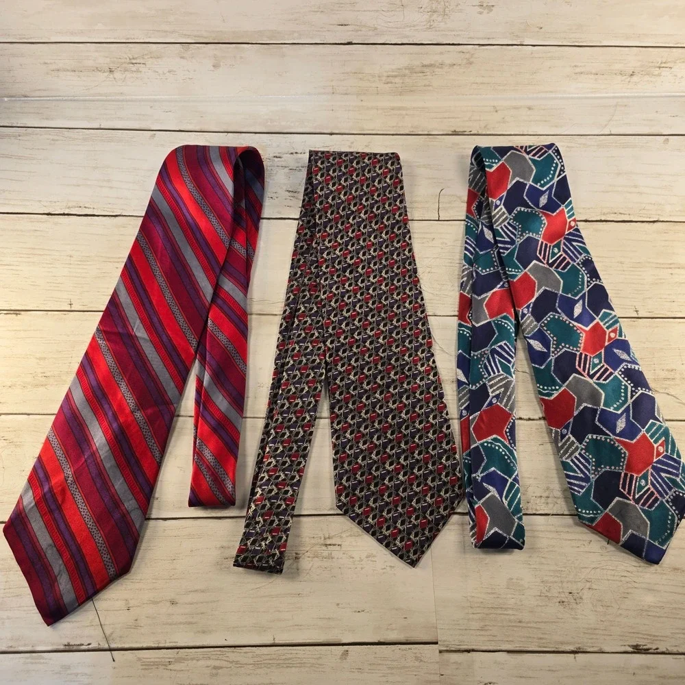 Oleg Cassini‎ Mens Silk Tie Lot of 3 Vintage Geometric Striped Abstract Red Blue